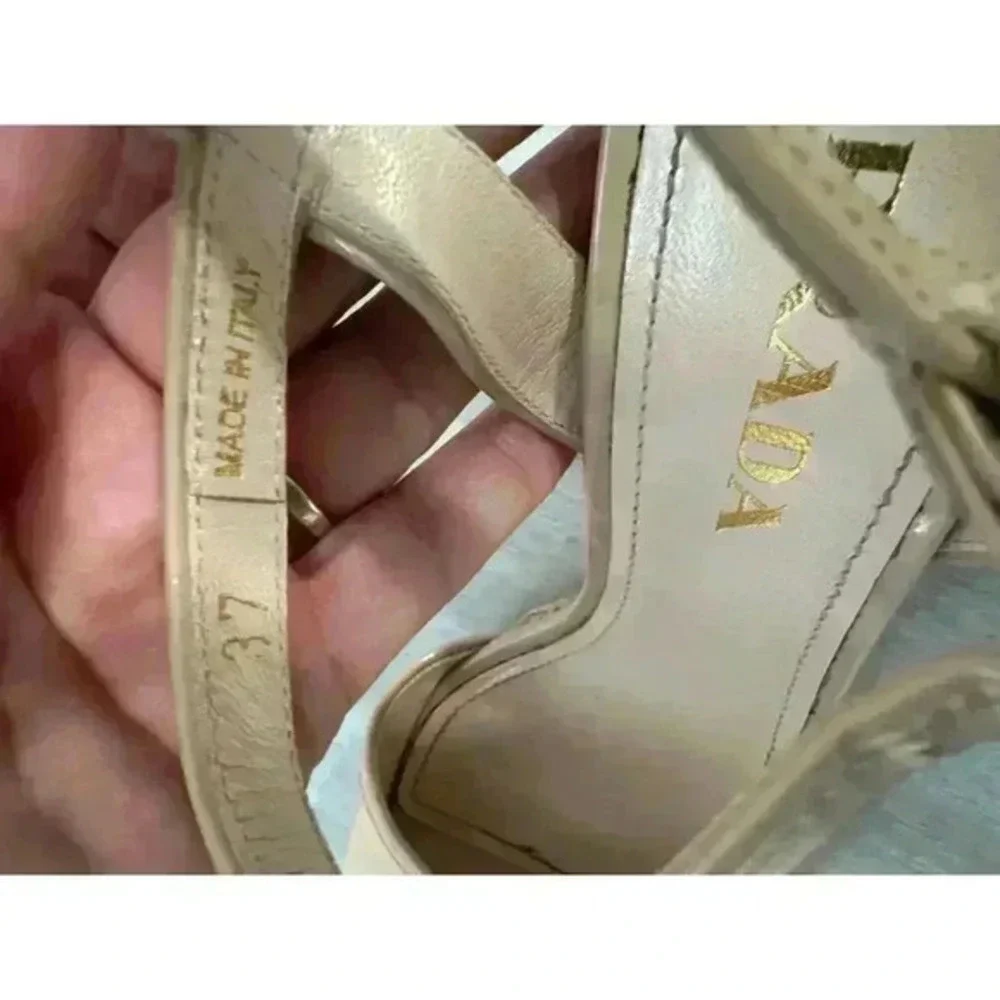 Prada Beige Patent Leather Espadrille Platform Wedge Ankle Strap Sandals Size 37